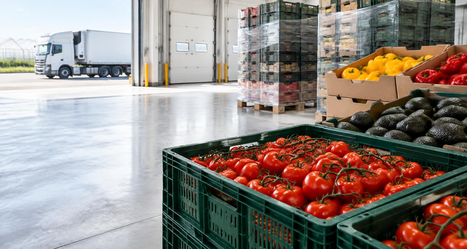 Commercial vine tomatoes, avocados and Euro-cartons at a clean produce dispatch hub